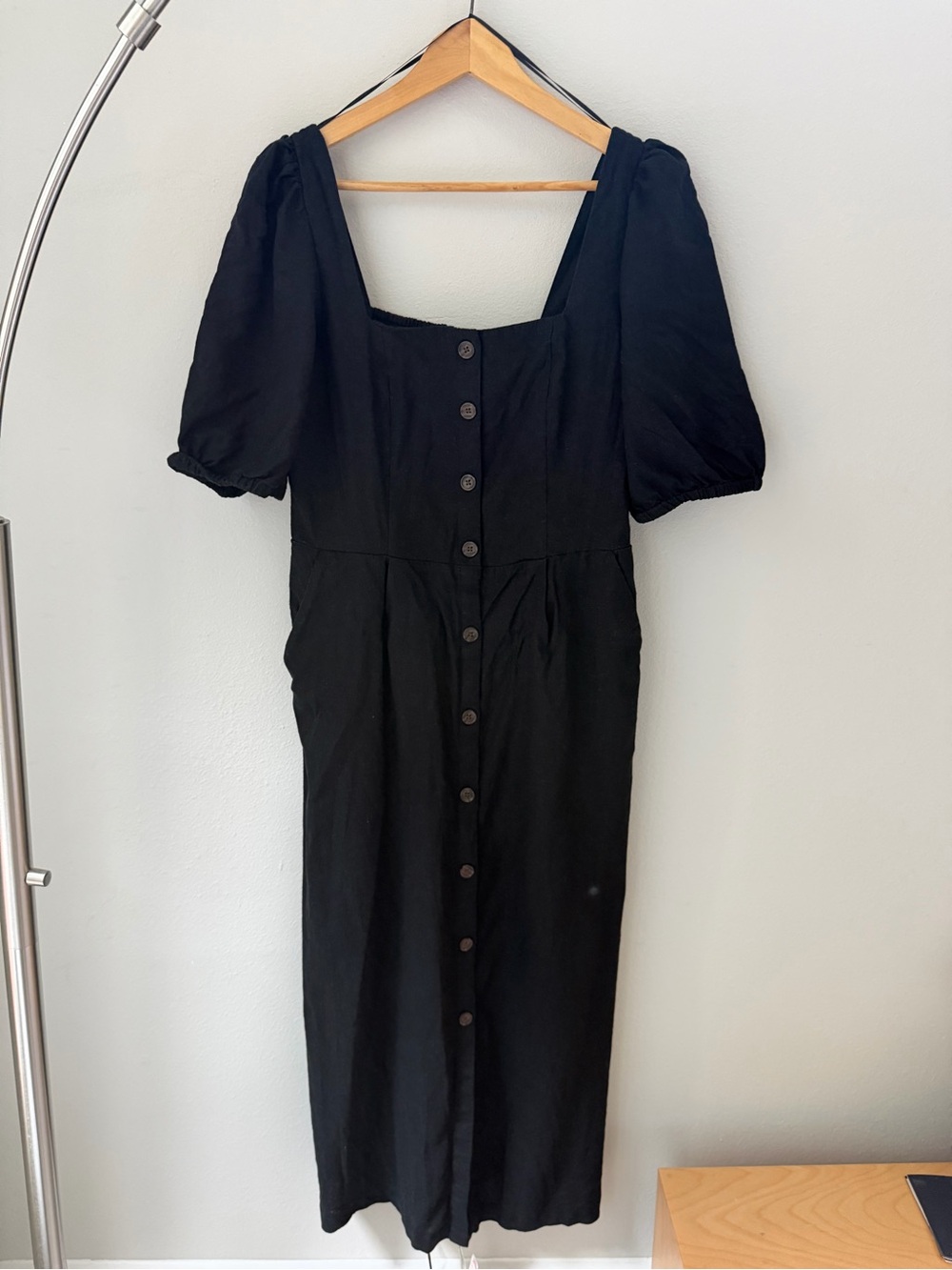Old Navy Black Square-Neck Puff Sleeve Button-Front Dress